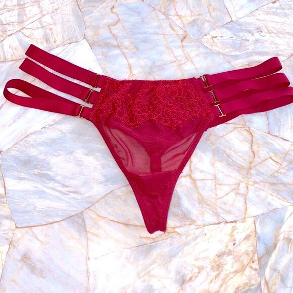 VS Maroon vintage very sexy Chantilly lace strappy mesh thong panty small - Picture 1 of 5